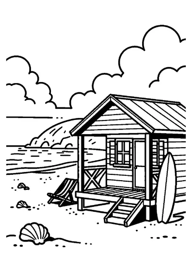 Une maison sur pilotis se dresse près d’un transat et d’une planche de surf sur une plage venteuse.