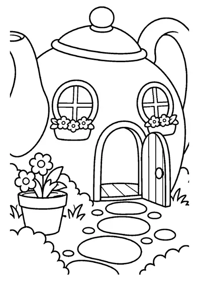 A big teapot turned into a cozy house with round windows, flower boxes, an open arched door and a stepping-stone path