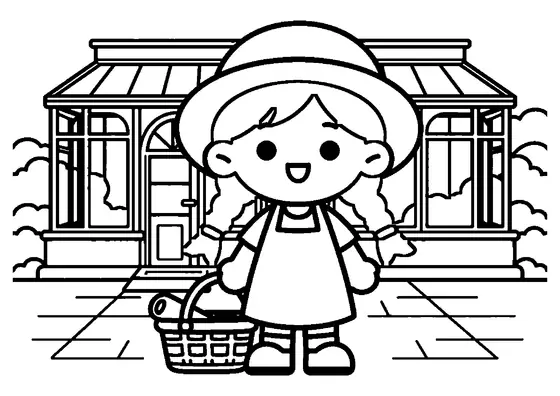 O fată care poartă un coș de picnic stă lângă o seră de grădină construită din sticlă.