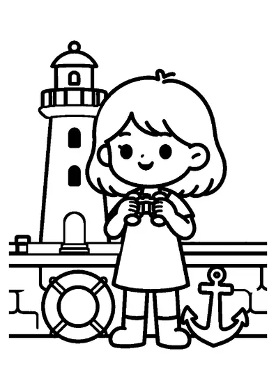 Ein Mädchen hält ein Fernglas und steht neben dem weißen Turm eines Leuchtturms.
