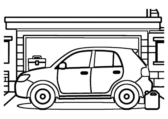 Un garaje doméstico con un coche aparcado, la puerta abierta y una caja de herramientas.