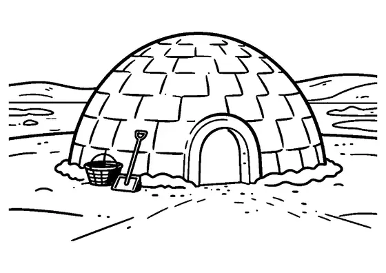 Velké igloo s vchodem, košem na ryby a lopatou u zamrzlé zátoky.