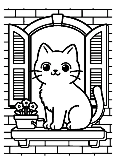 O pisică stă pe pervazul exterior al unei case vechi, lângă jardiniere pline cu flori.