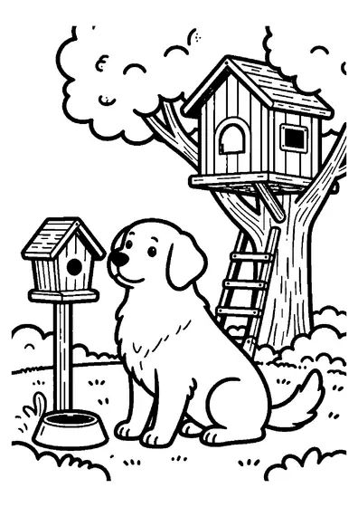 Una casa construida entre las ramas de un árbol, con una escalera y un perro debajo.