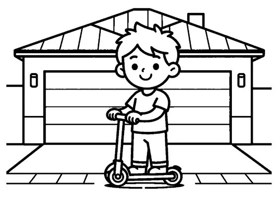 Una casa moderna de tejado plano con un niño de pie junto a un patinete.