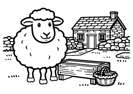 Ein lächelndes Schaf steht auf Kalksteinboden bei einem Steinhaus, einem Holztrog und einem Korb mit Wolle.