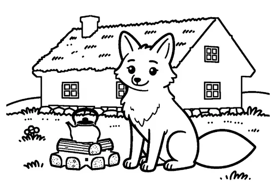 Ein skandinavisches Holzhaus mit grünem Grasdach und einem Fuchs.