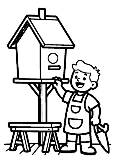 Un carpintero sonriente monta una gran casa para pájaros sobre un poste, junto a un banco de trabajo y una sierra de mano.