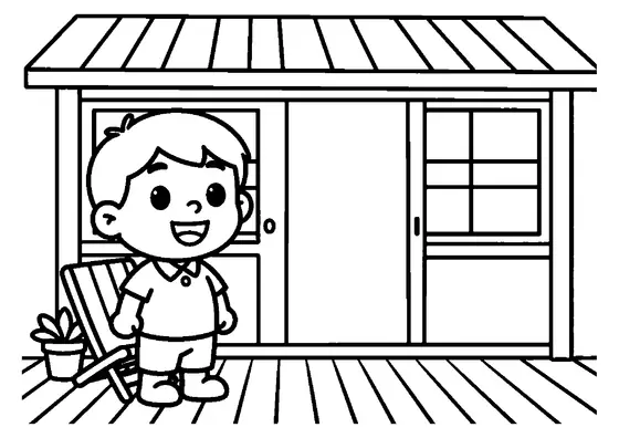 Un niño sonriente junto a una galería acristalada con puertas al jardín, silla de terraza, maceta, tejado inclinado y suelo de tablones.