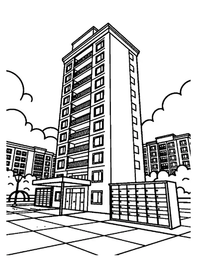 Un haut immeuble avec balcons domine une entrée, des consignes à colis et une place urbaine mouillée.