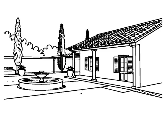 Une villa avec des volets et une véranda se dresse près d’une fontaine, d’un pot et d’un patio méditerranéen.
