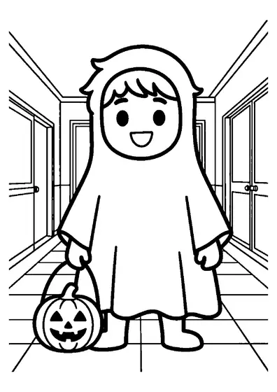 Un garçon déguisé en fantôme se tient près d’un sac à dos et d’un seau, dans le couloir de l’école.