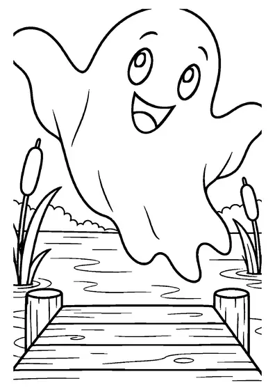 A cheerful ghost with outstretched arms floats above a wooden dock on a calm pond framed by two tall cattails