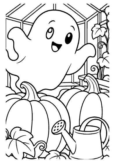 A friendly ghost floats inside a glass greenhouse above two big pumpkins, a climbing vine and a watering can.