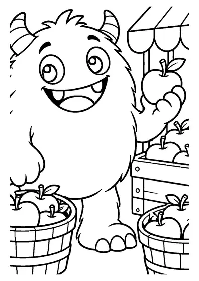 A friendly furry monster with curly horns holds up a red apple beside a striped market stand and baskets full of apples