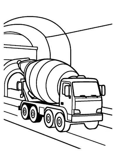 Une bétonnière se trouve dans un tunnel en construction, près d’un tuyau et d’un coffrage en béton.