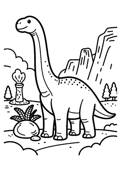 Diplodocus de cuello largo junto a un géiser humeante, con acantilados rocosos al fondo.