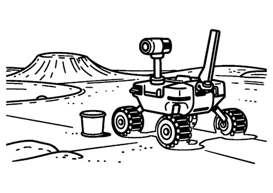 Um rover explora a rochosa superfície de Marte perto de uma antena de medição.