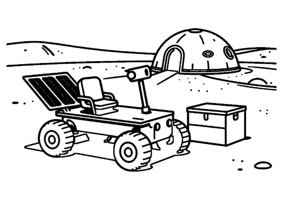 Un rover avec un panneau et une caisse près du dôme d’une base et d’un cratère sur la Lune.