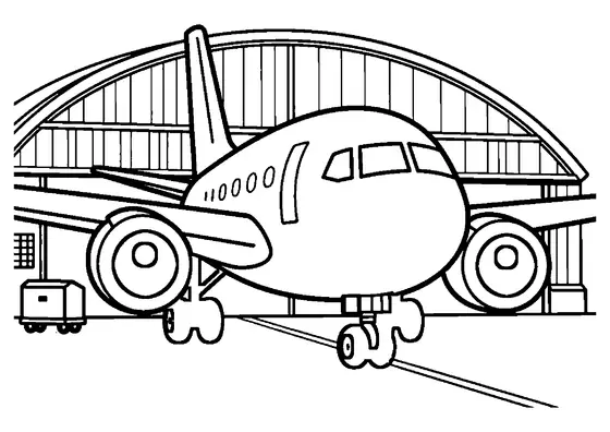 Um avião está num hangar perto de uma caixa de serviço e um carrinho.