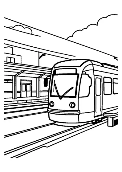 Un tramway près d’un banc, à un terminus urbain avec un dépôt, un abri et des rails.