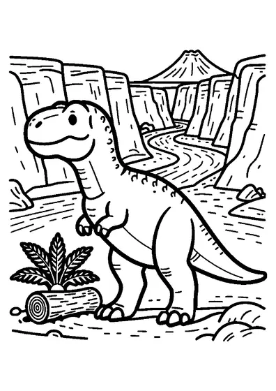 Un grand tyrannosaure se tient dans un canyon, près d’un tronc pétrifié et d’un cycas.