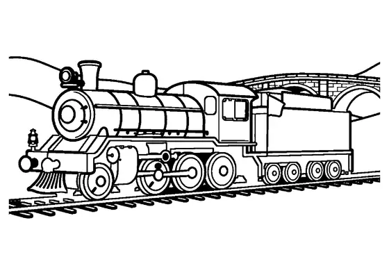 Dibujo para colorear de un tren de vapor antiguo que cruza un viaducto de piedra.