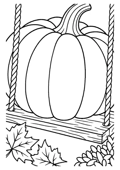 Big ribbed pumpkin with a curved stem sitting on a wooden plank swing hung from twisted ropes above fallen maple leaves