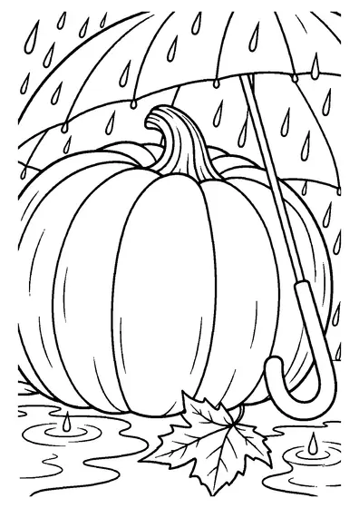 A large ribbed pumpkin sheltered by an open umbrella in the autumn rain, with puddles and a fallen maple leaf in front