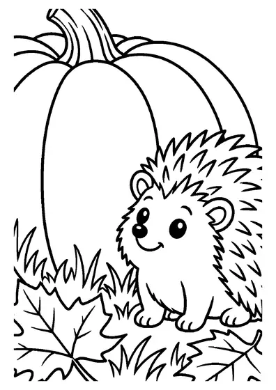 A small smiling hedgehog sits in the grass in front of a giant ribbed pumpkin with fallen autumn leaves around it.