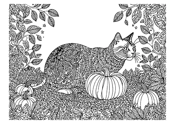 Gato estampado tumbado entre calabazas y hojas otoñales, en un dibujo zentangle con pequeños detalles para colorear por adultos.