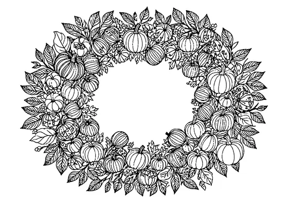 Uma coroa de outono com abóboras e folhas cria uma composição oval intrincada com muitos campos limpos para colorir com precisão.