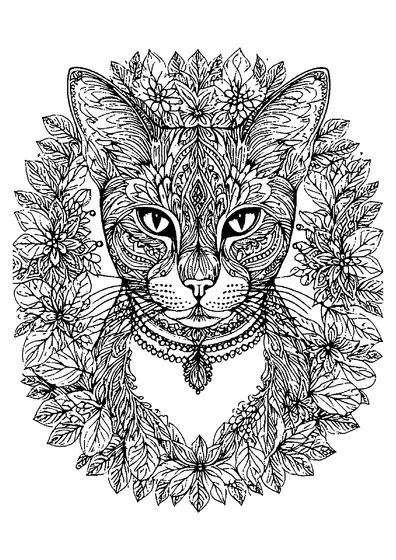Detallada lámina para adultos con un gato que lleva una intrincada corona de hojas y flores y un delicado collar de cuentas.