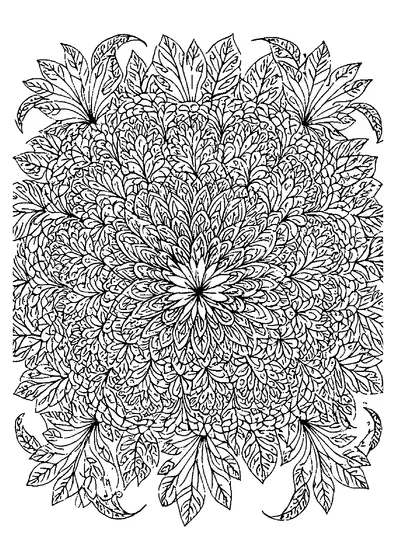 Intrincada mandala vegetal con una composición simétrica de hojas densas y pétalos, y espacios limpios para colorear.