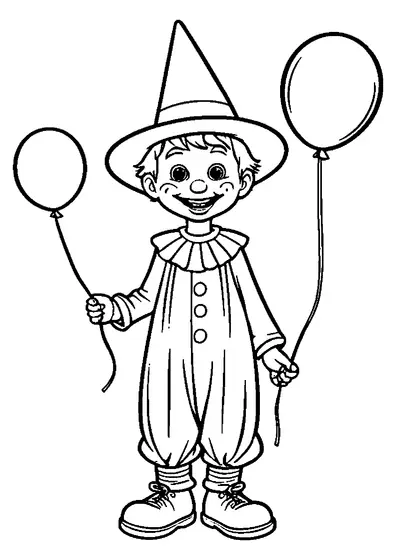 Un garçon souriant déguisé en clown tient deux ballons par leurs ficelles, dans un dessin avec de grandes zones blanches à colorier.