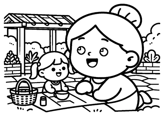 Mormor och barnbarnet breder ut en picknickfilt bredvid rabatter med örter.