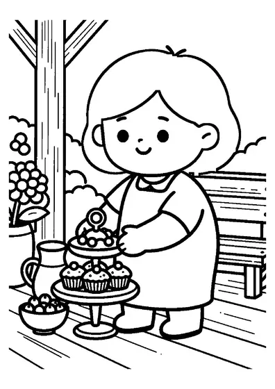 Oma und Enkelin legen frische Heidelbeermuffins auf eine verzierte Etagere.