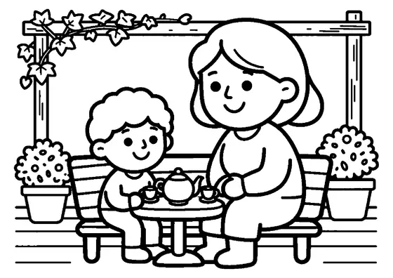 O bunică și nepotul ei se relaxează la ceai pe terasa din grădină.