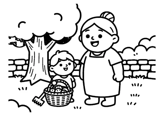 O bunică și nepotul ei adună nuci într-un coș, sub un copac.