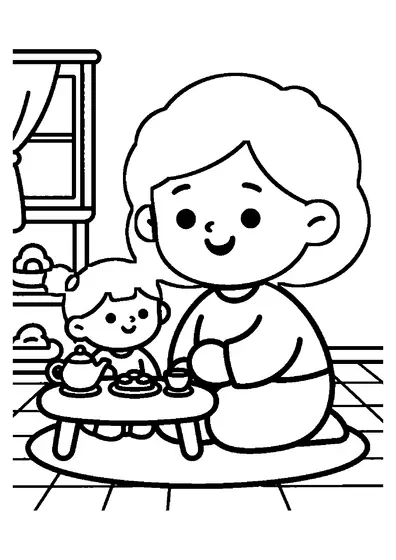 Mormor och barnbarnet sitter vid ett litet bord och serverar lekte med dockorna.