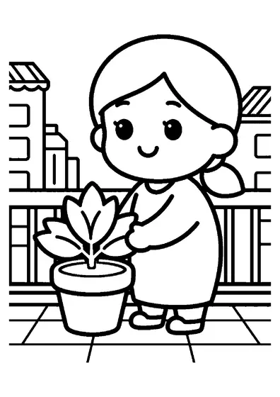 Grandma repots a large flower on a sunny balcony.