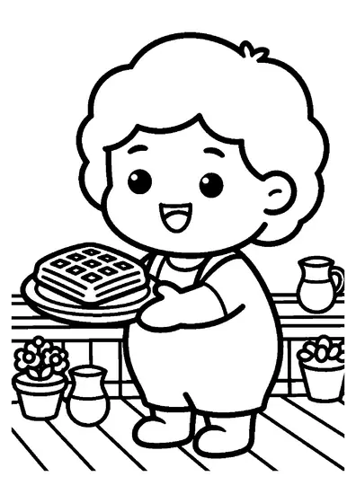 Mormor bär in en tallrik med färska våfflor på en sommarveranda i trädgården.