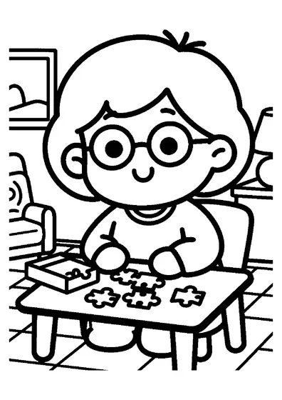 Una abuela con gafas hace un gran rompecabezas en una mesa de roble en el salón.