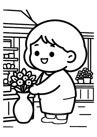A smiling grandma arranges a large bouquet in a vase inside a simple flower shop.