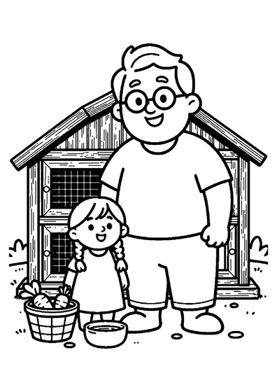Un bunic și nepoata lui le dau morcovi iepurilor într-un țarc rural.