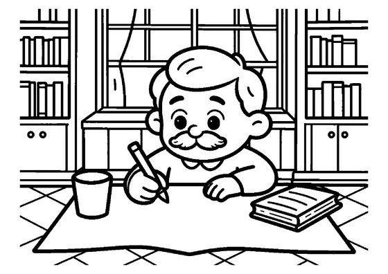 Grandpa sits at a desk and writes on blank sheets of paper.