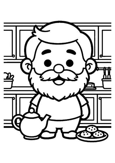 A smiling grandpa prepares a pot of tea and a plate of cookies in the family kitchen.