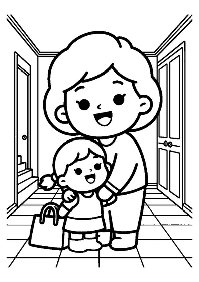 Grandma hugs her granddaughter in the entryway of the family home.