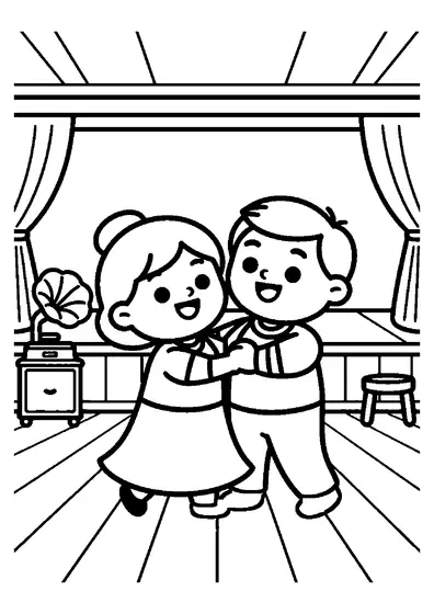 A smiling older couple dances in a decorated community hall.