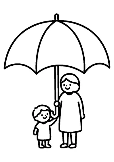 Uma mãe e o filho estão de pé juntos debaixo de um guarda-chuva grande.